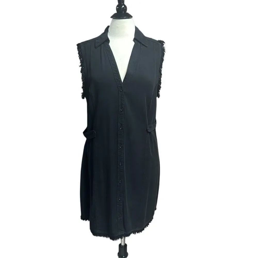 Maven West Women’s Black Frayed Button Front Sleeveless Dress Size Large NEW